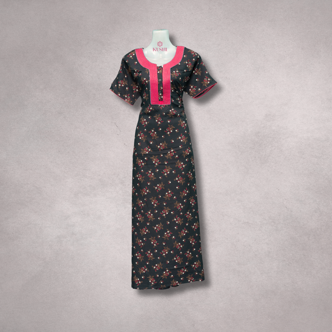 Rayon Nighty – Black Base with Floral Print and Pink Neck Panel