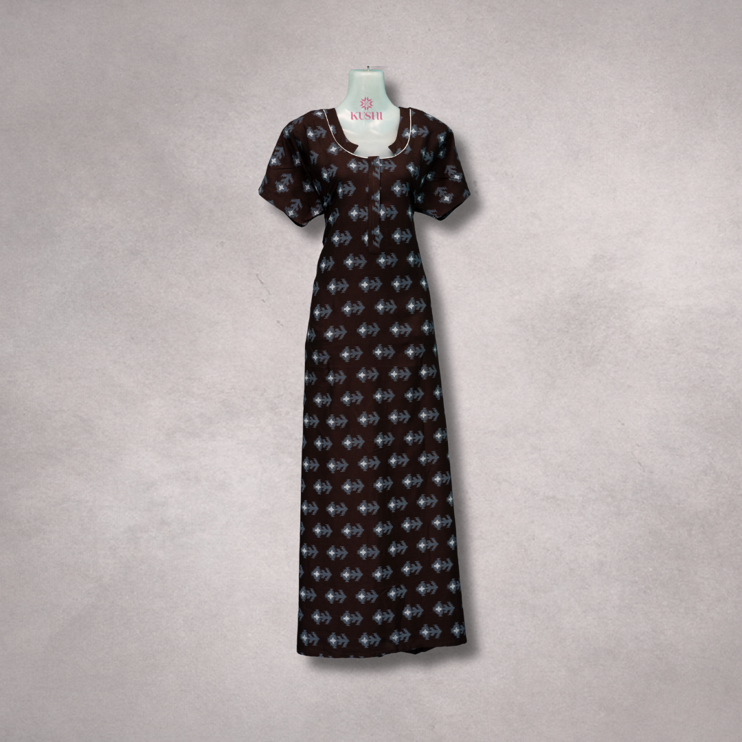 Rayon Heavy Nighty – Dark Brown with Grey Ikat-Inspired Print