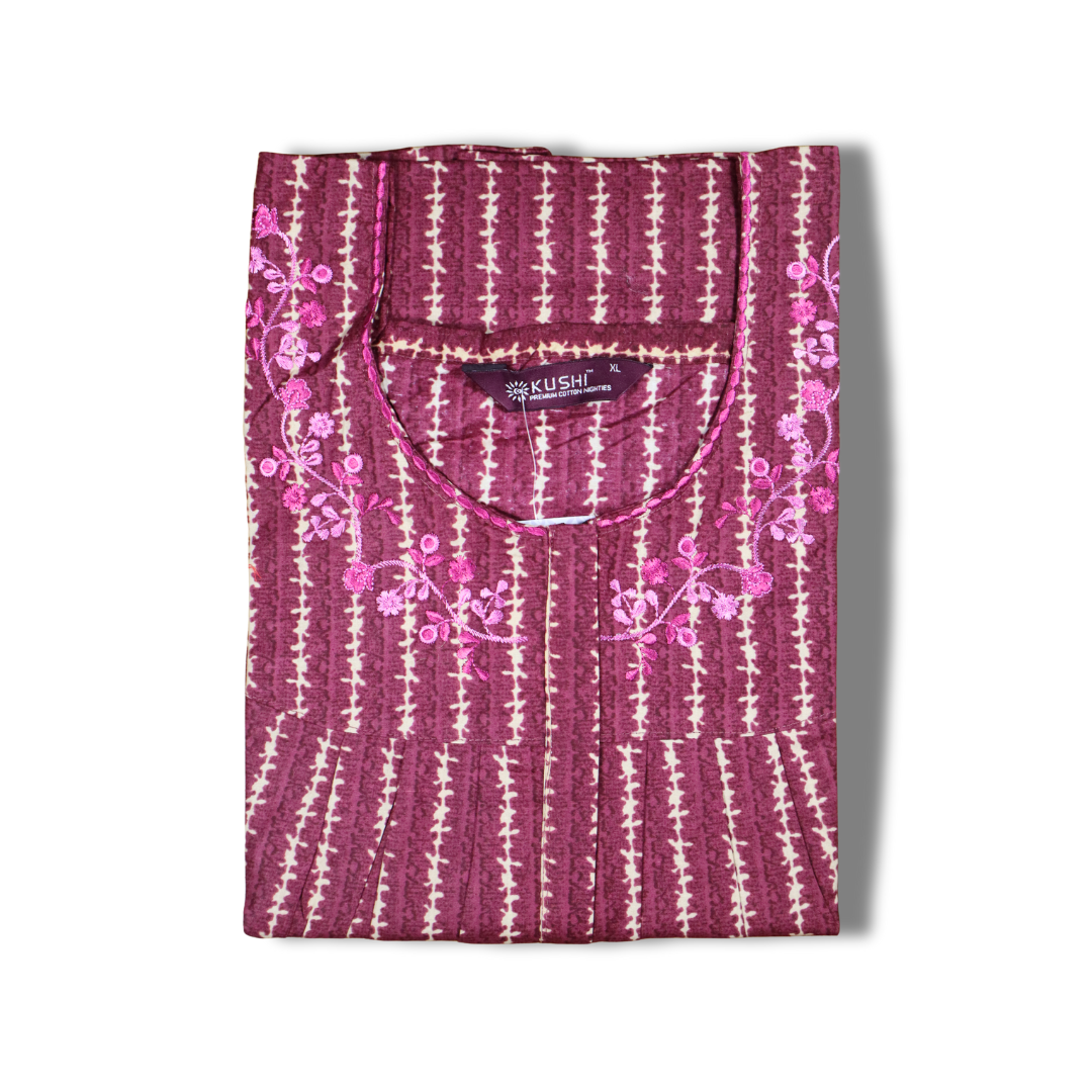 Rust Orange Striped Nighty with Embroidered Neckline