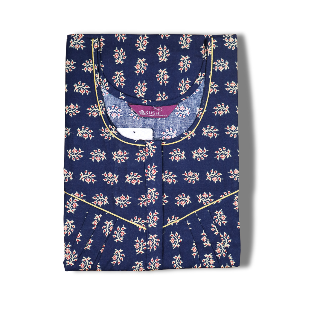 Dark Green Floral Printed Cotton Nighty