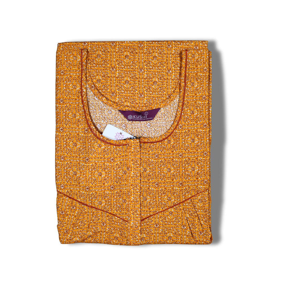 Rust Red Printed Nighty with Yellow Piping