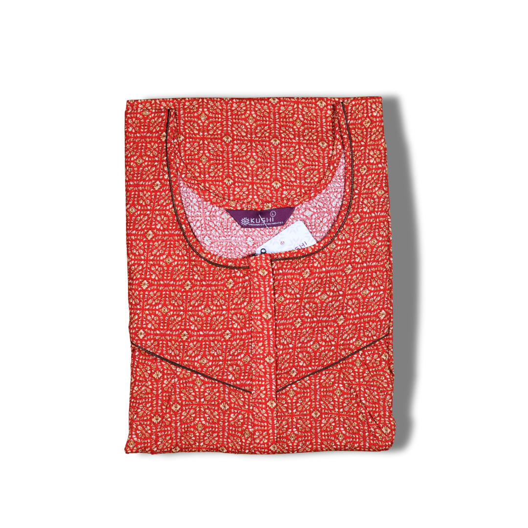 Rust Red Printed Nighty with Yellow Piping