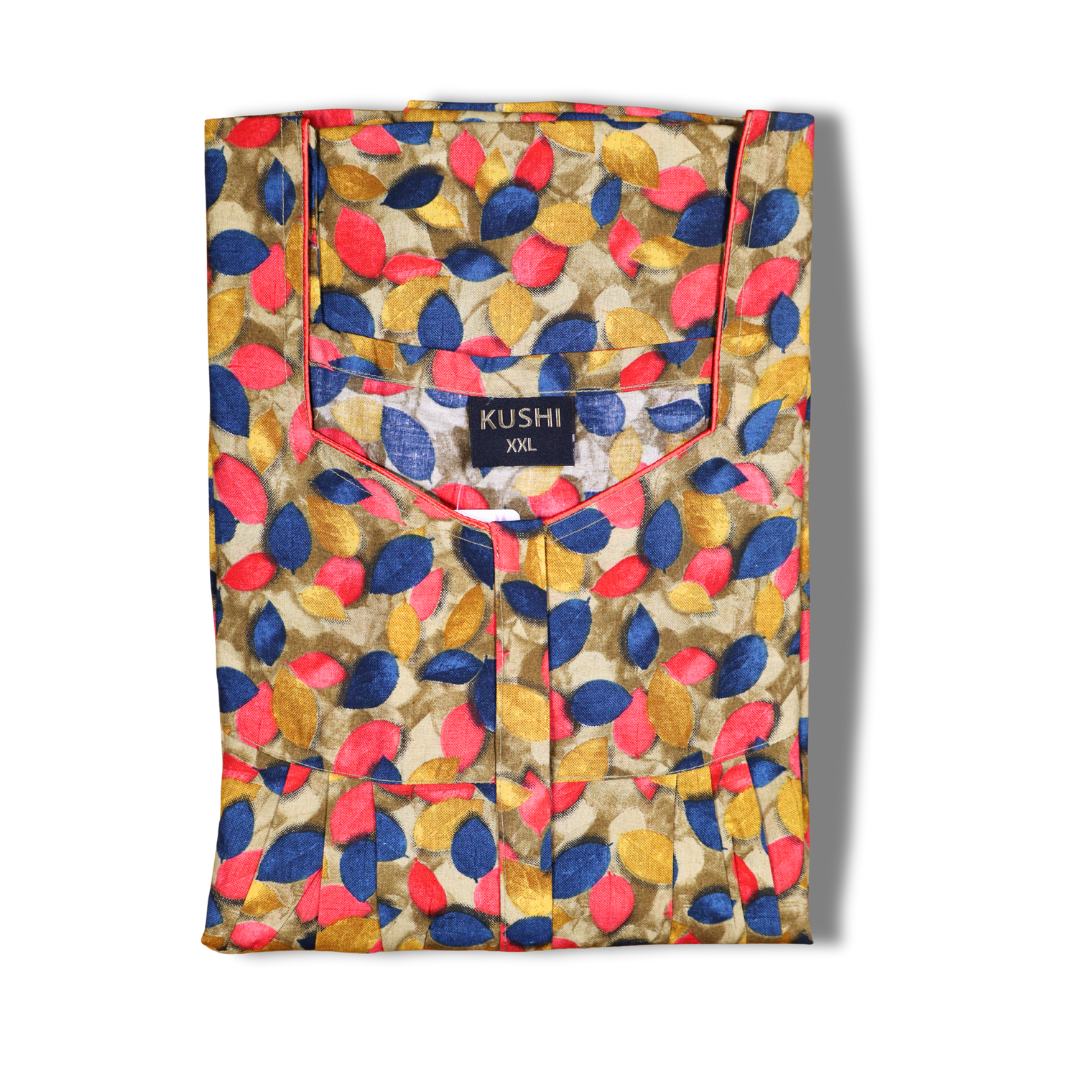 Multicolour Geometric Leaf Print Nighty with Scoop Neck
