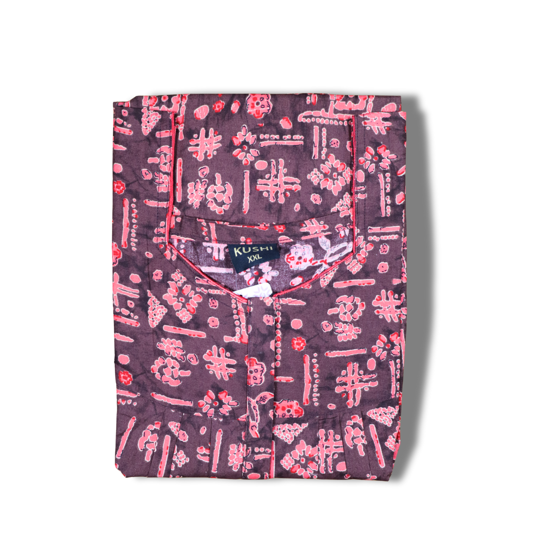 Black and Red Abstract Printed Nighty with Square Neck
