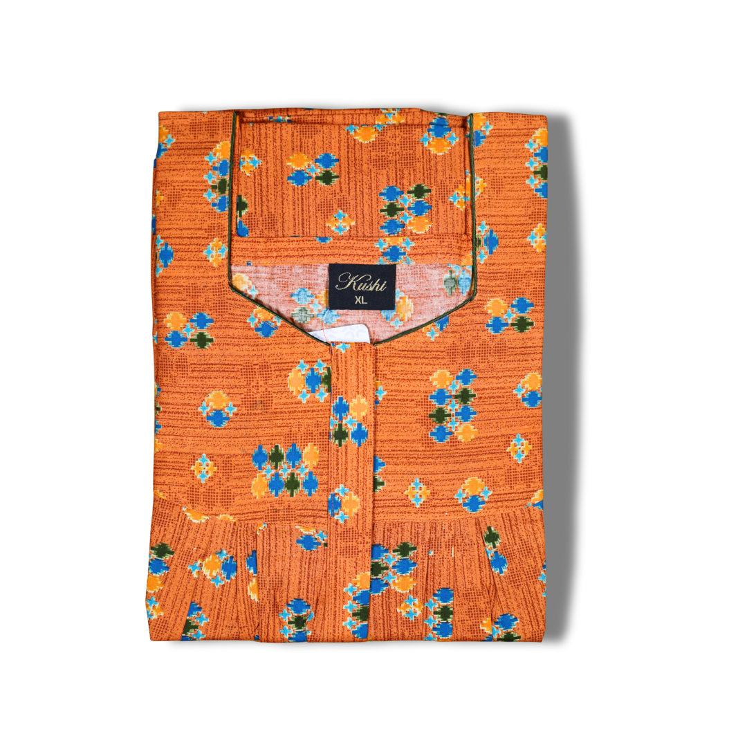 Premium Cotton Printed Nighty – Beige with Red-Yellow Floral Design