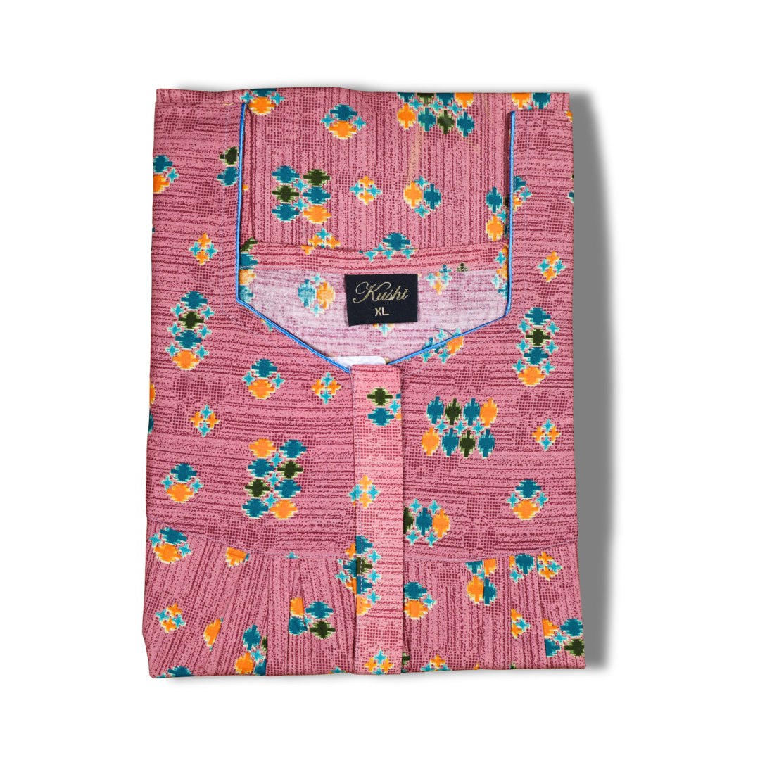 Premium Cotton Printed Nighty – Beige with Red-Yellow Floral Design