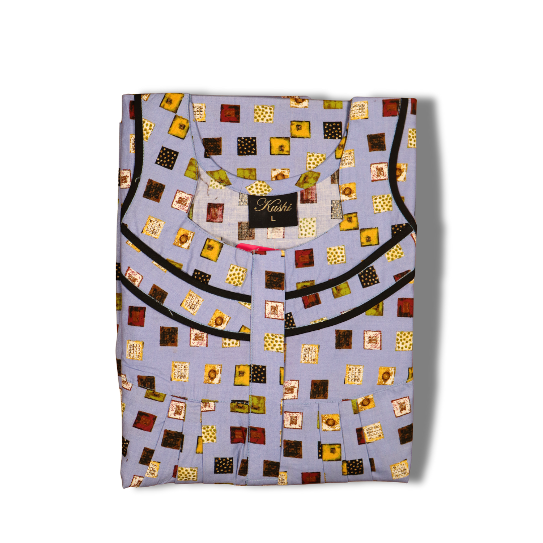Light Blue Geometric Printed Cotton Nighty with Black Piping