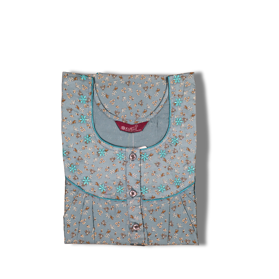 Teal Green Printed Cotton Nighty with Yoke Design