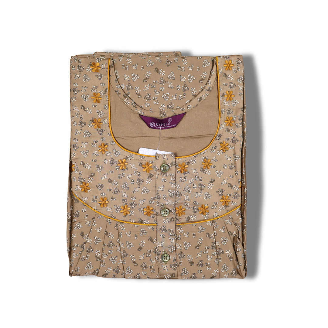 Teal Green Printed Cotton Nighty with Yoke Design