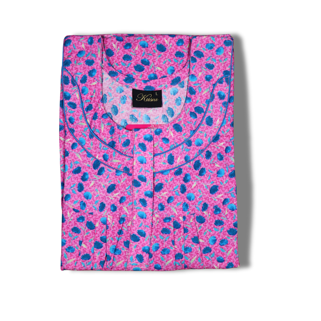 Satin Floral Nighty – Sky Blue with Pink Accents
