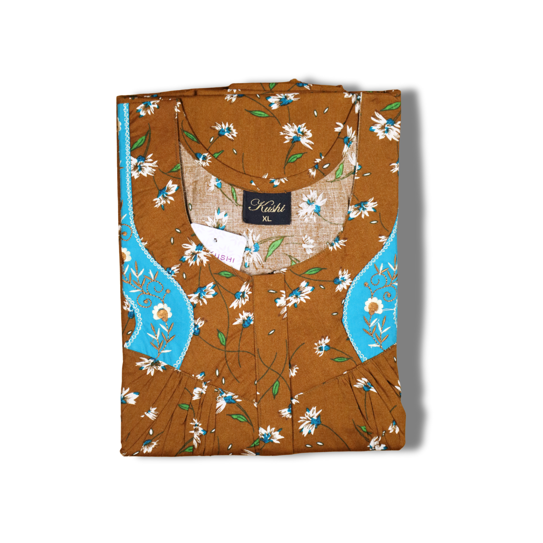 Red Floral Cotton Nighty with Blue Embroidered Neck Panel