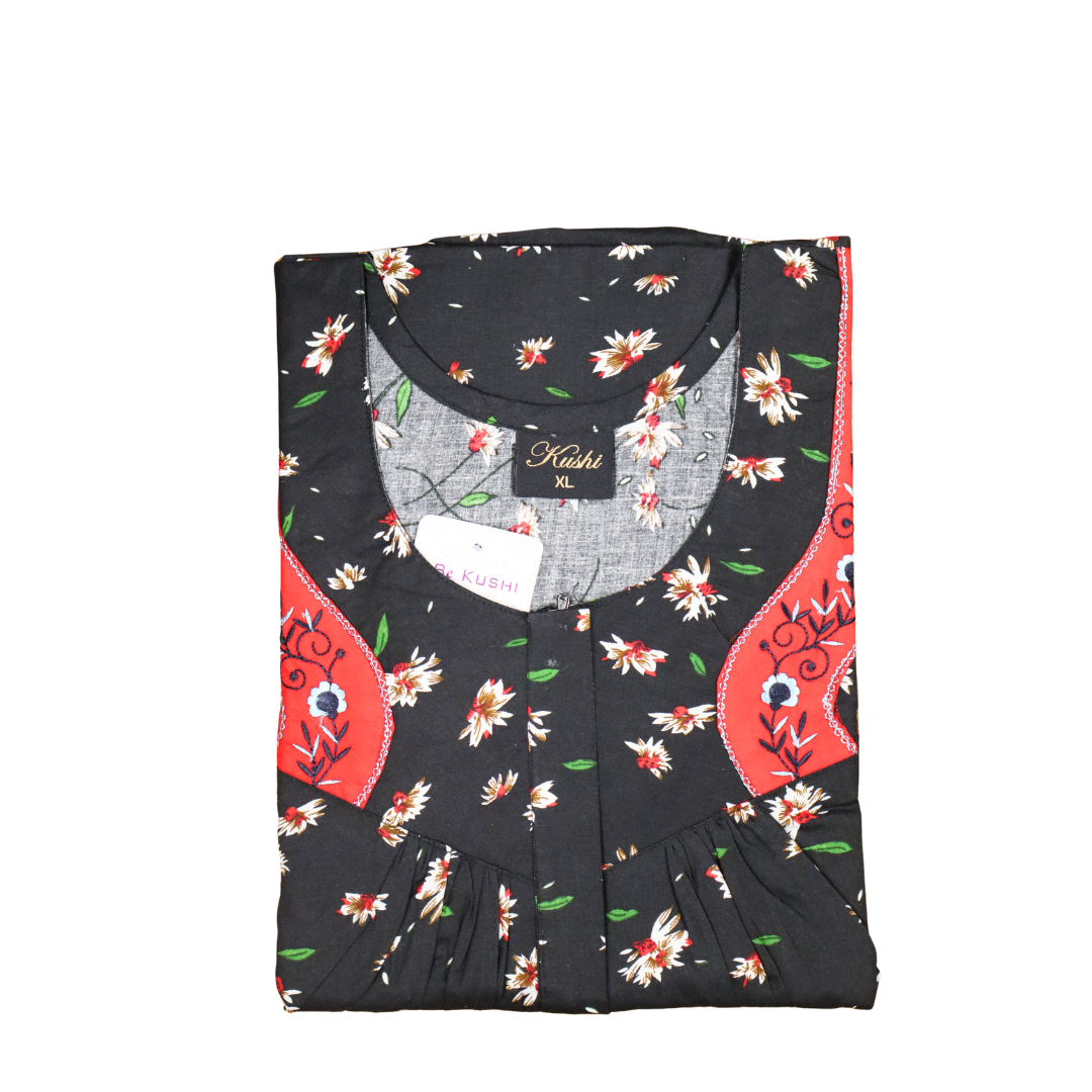 Red Floral Cotton Nighty with Blue Embroidered Neck Panel