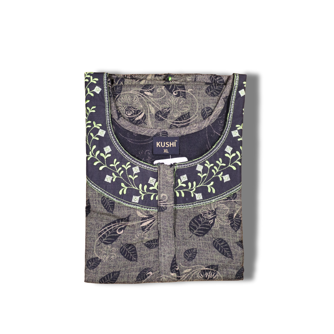 Rust Brown Leaf-Print Nighty with Embroidered Neckline
