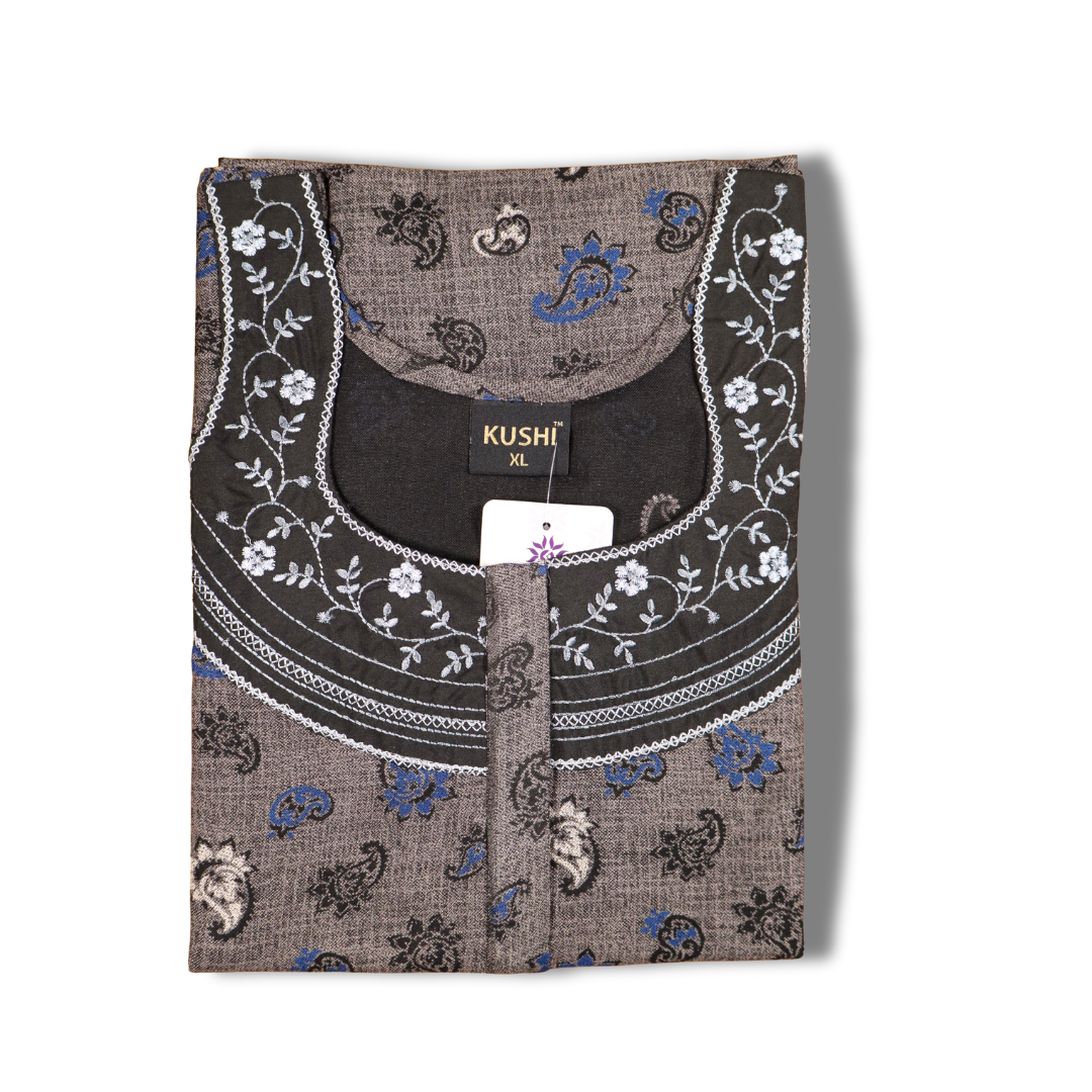 Brown Printed Cotton Nighty with Contrast Black Neck Design