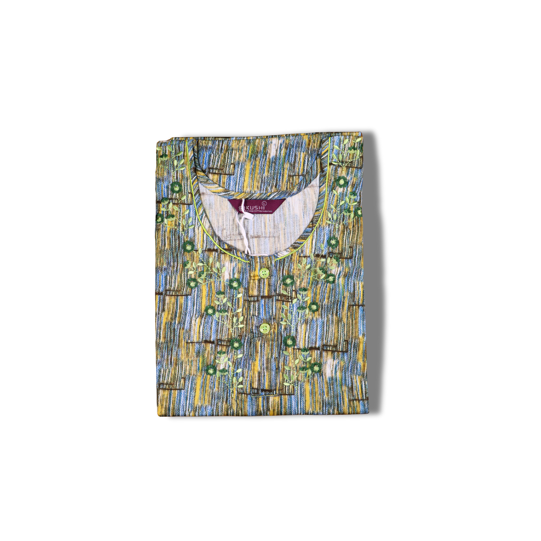 Brick Red & Aqua Abstract Printed Cotton Nighty with Embroidered Yoke