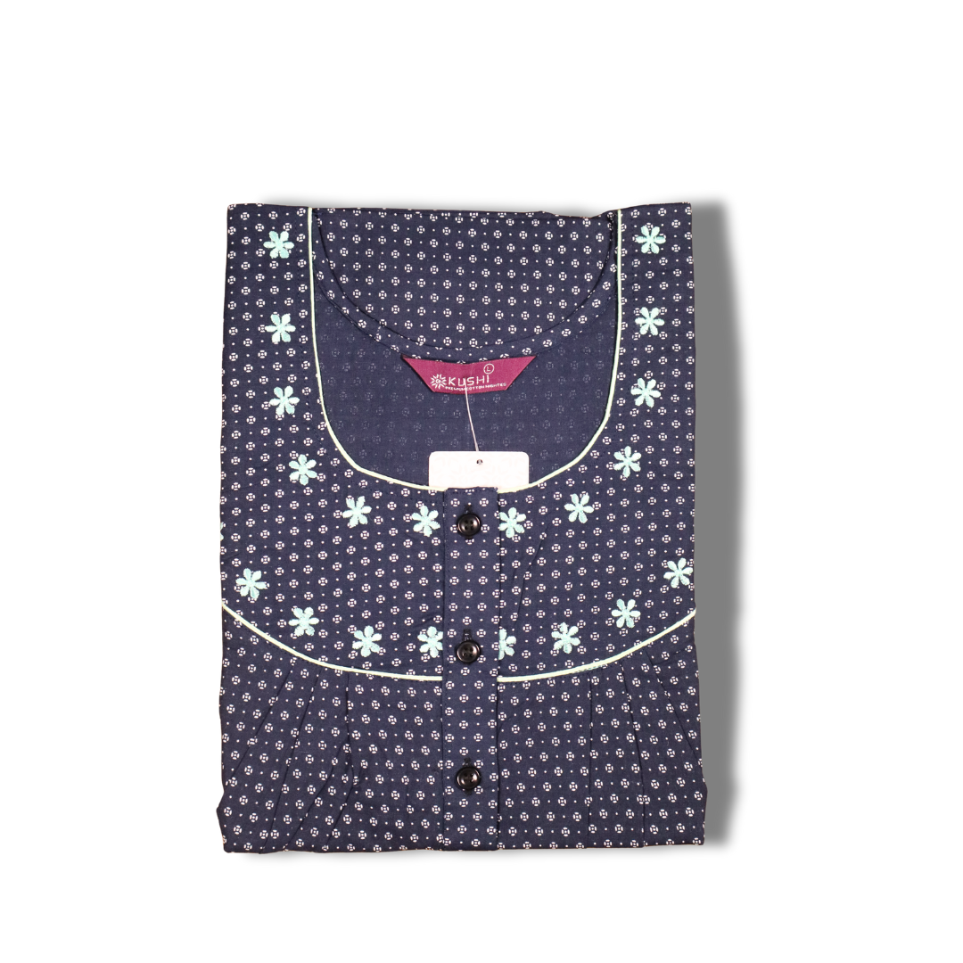 Black Cotton Nighty with Orange Floral Embroidered Neckline