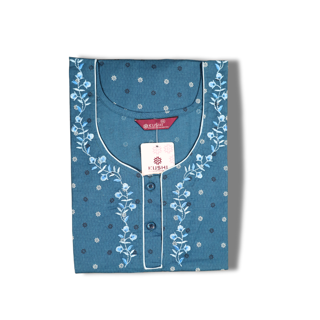 Mustard Yellow Printed Cotton Nighty with Embroidered Neckline