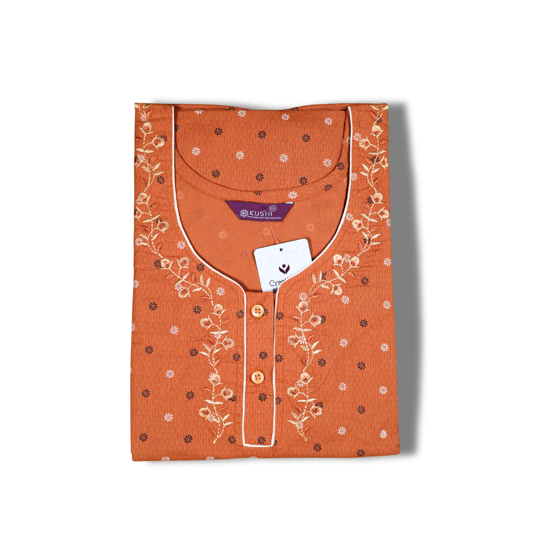 Mustard Yellow Printed Cotton Nighty with Embroidered Neckline