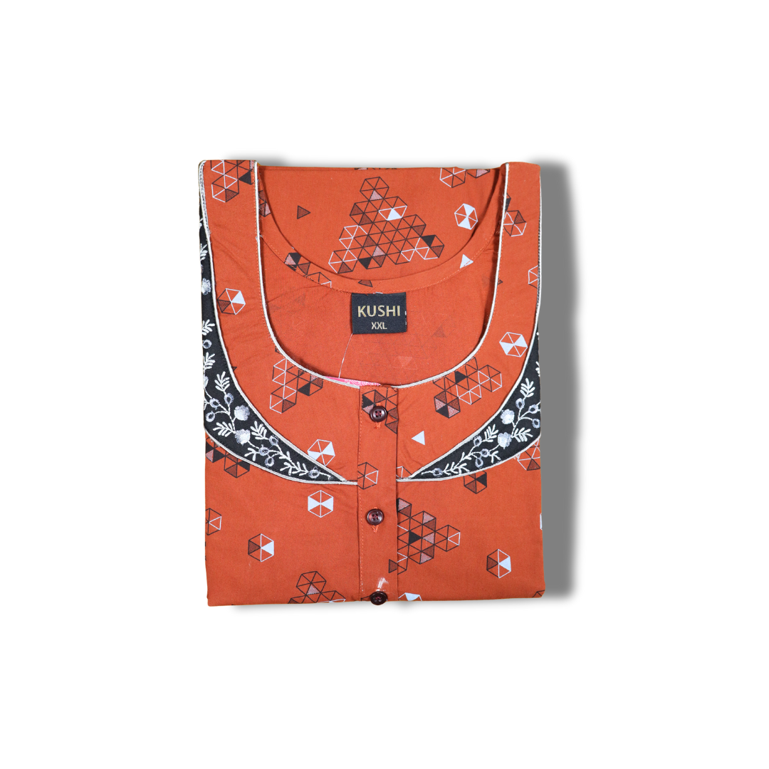 Women’s Cotton Nighty – Maroon Floral Print with Contrast Neck Design
