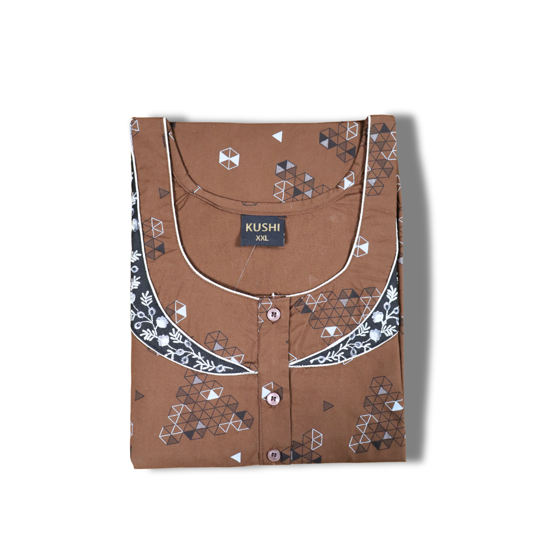 Women’s Cotton Nighty – Maroon Floral Print with Contrast Neck Design