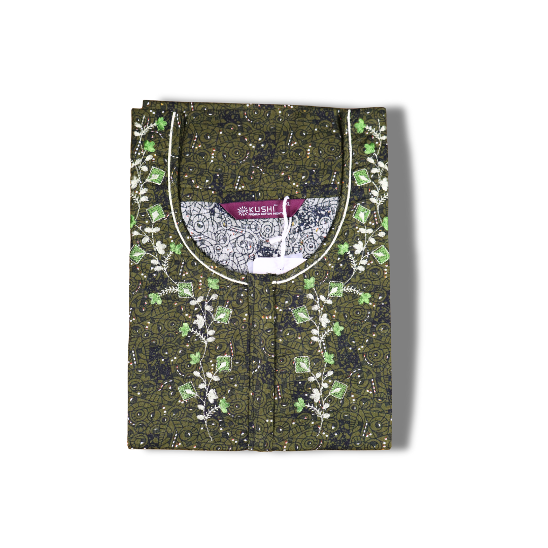 Brick Red Printed Cotton Nighty with Embroidered Neckline
