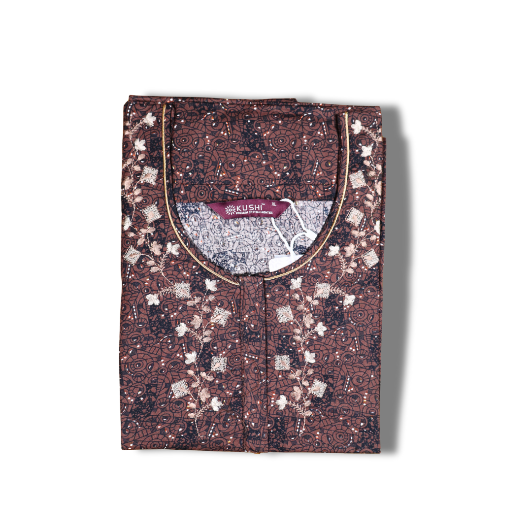 Brick Red Printed Cotton Nighty with Embroidered Neckline