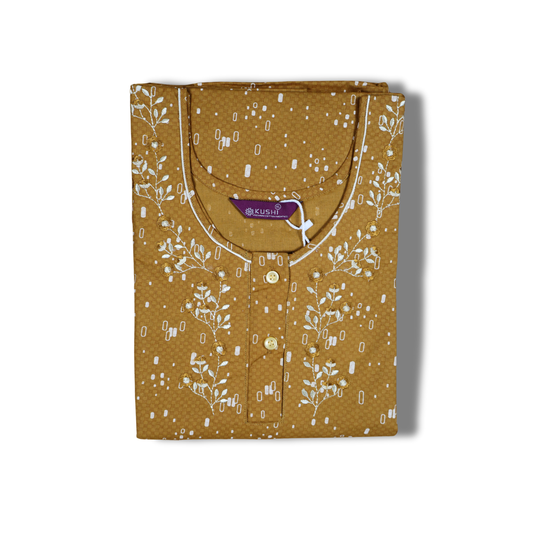 Olive Green Polka Printed Cotton Nighty with Blue Embroidered Neck