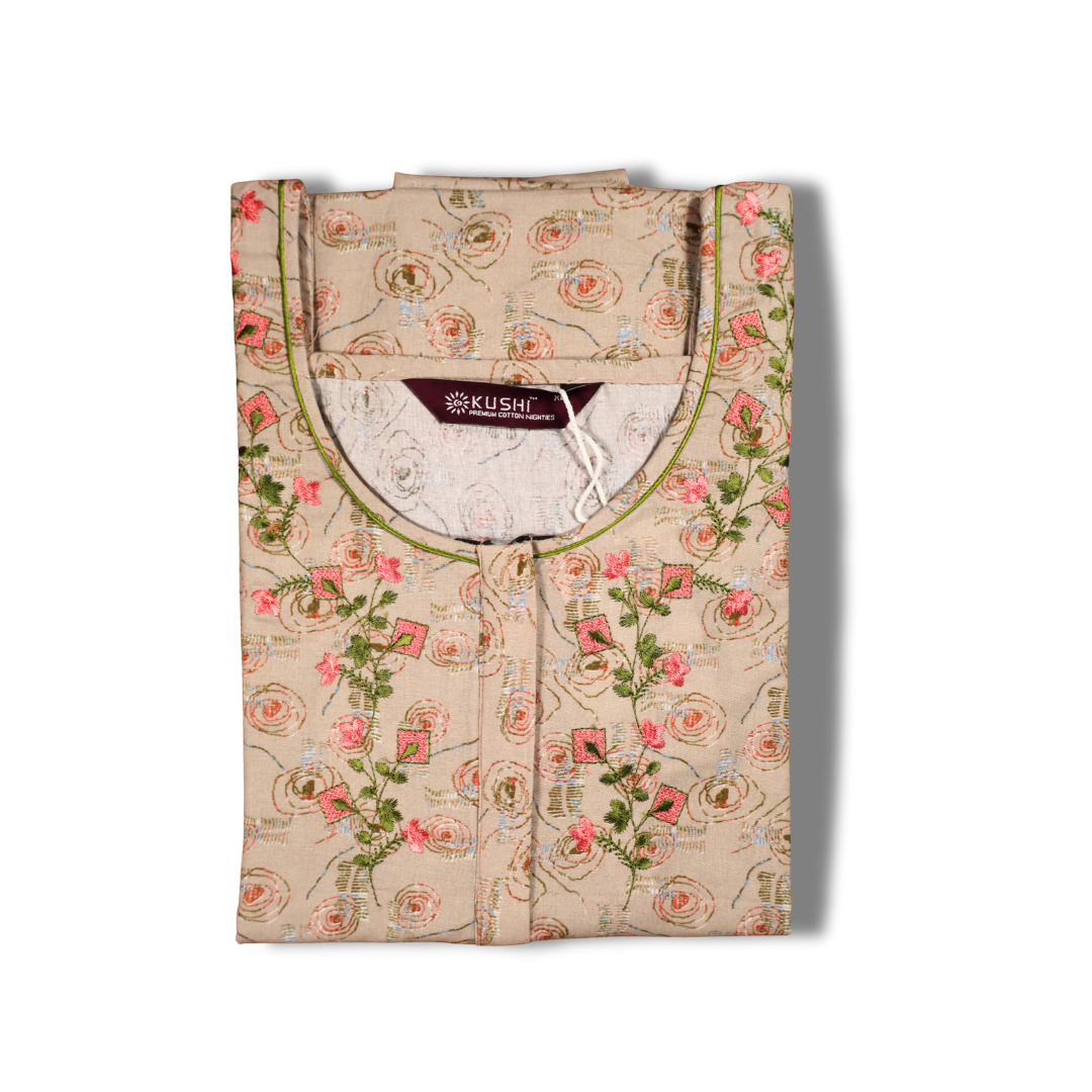 Premium Cotton Printed Blue Nighty for Women – Floral Design with Embroidered Neck