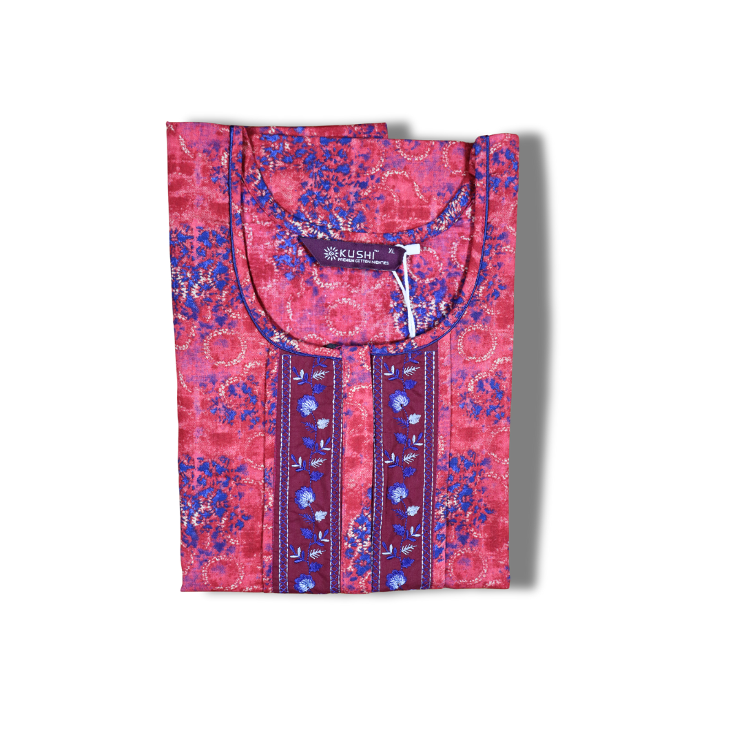 Women’s Cotton Nighty – Red Floral Print with Embroidered Neck Panel