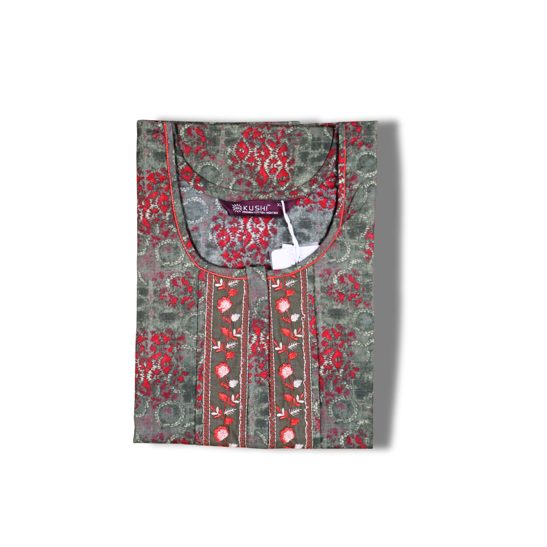 Women’s Cotton Nighty – Red Floral Print with Embroidered Neck Panel