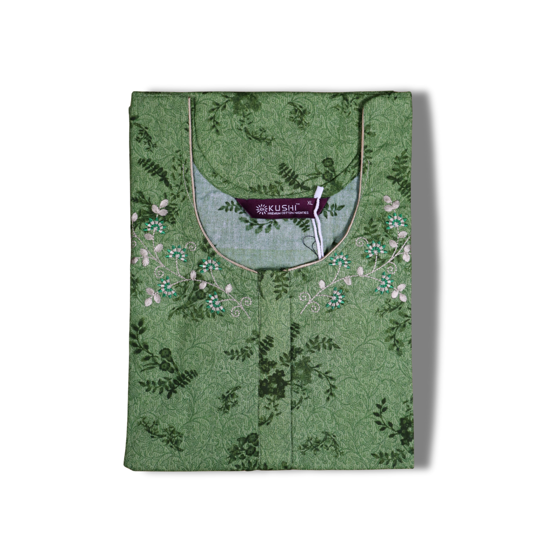 Elegant Grey Cotton Nighty with White Floral Neck Embroidery & Leaf Print
