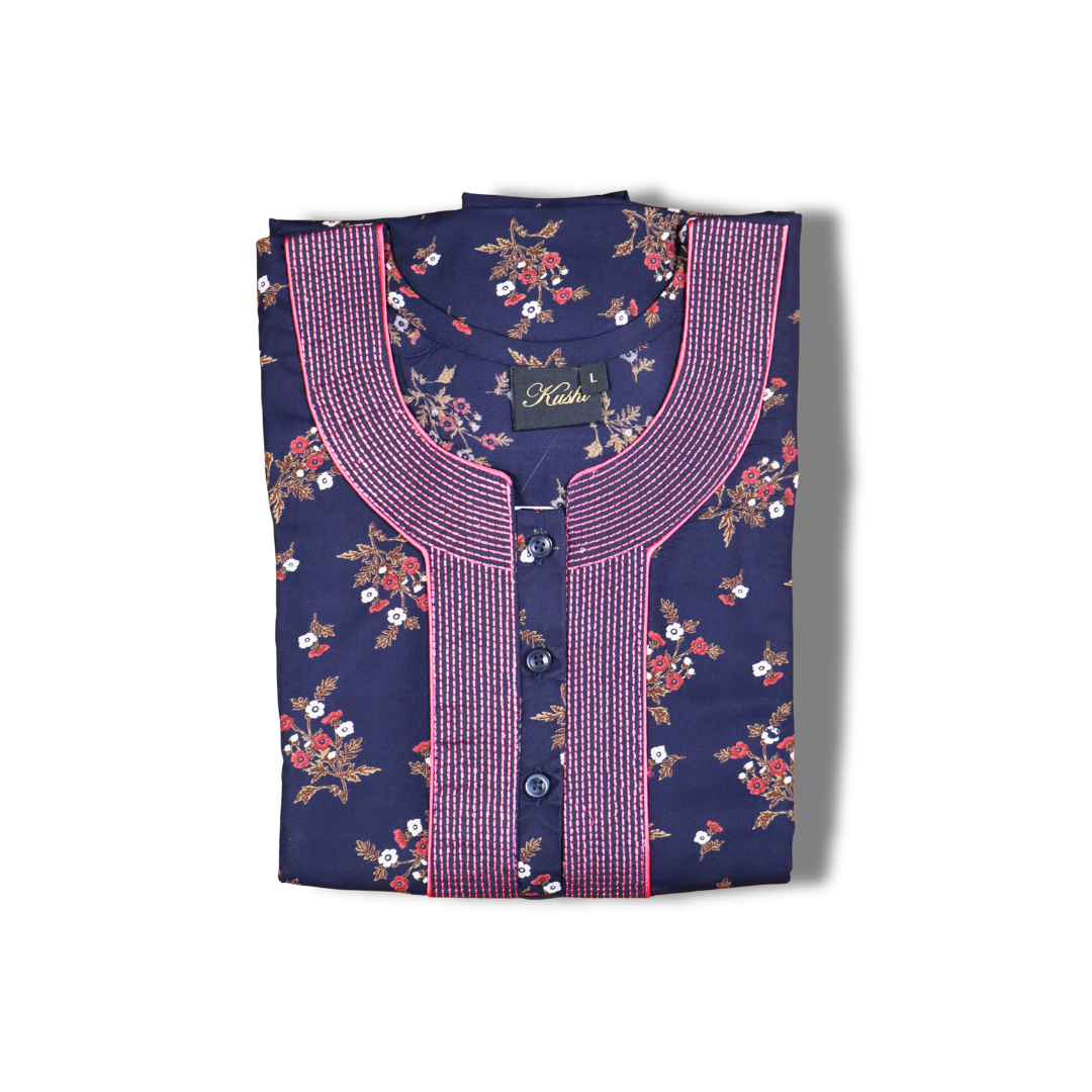 Rayon Nighty – Black Base with Floral Print and Pink Neck Panel