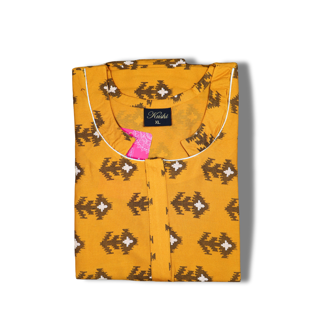 Rayon Heavy Nighty – Dark Brown with Grey Ikat-Inspired Print