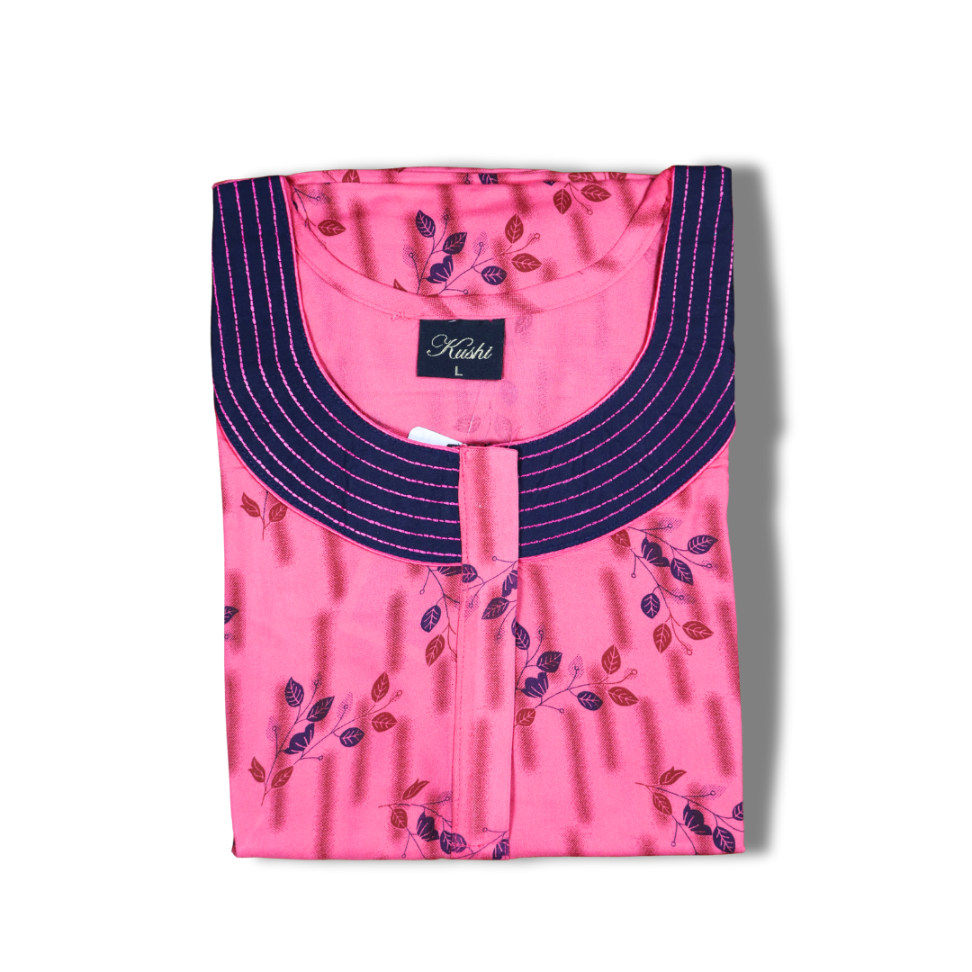 Elegant Navy Blue Floral Printed Cotton Nighty