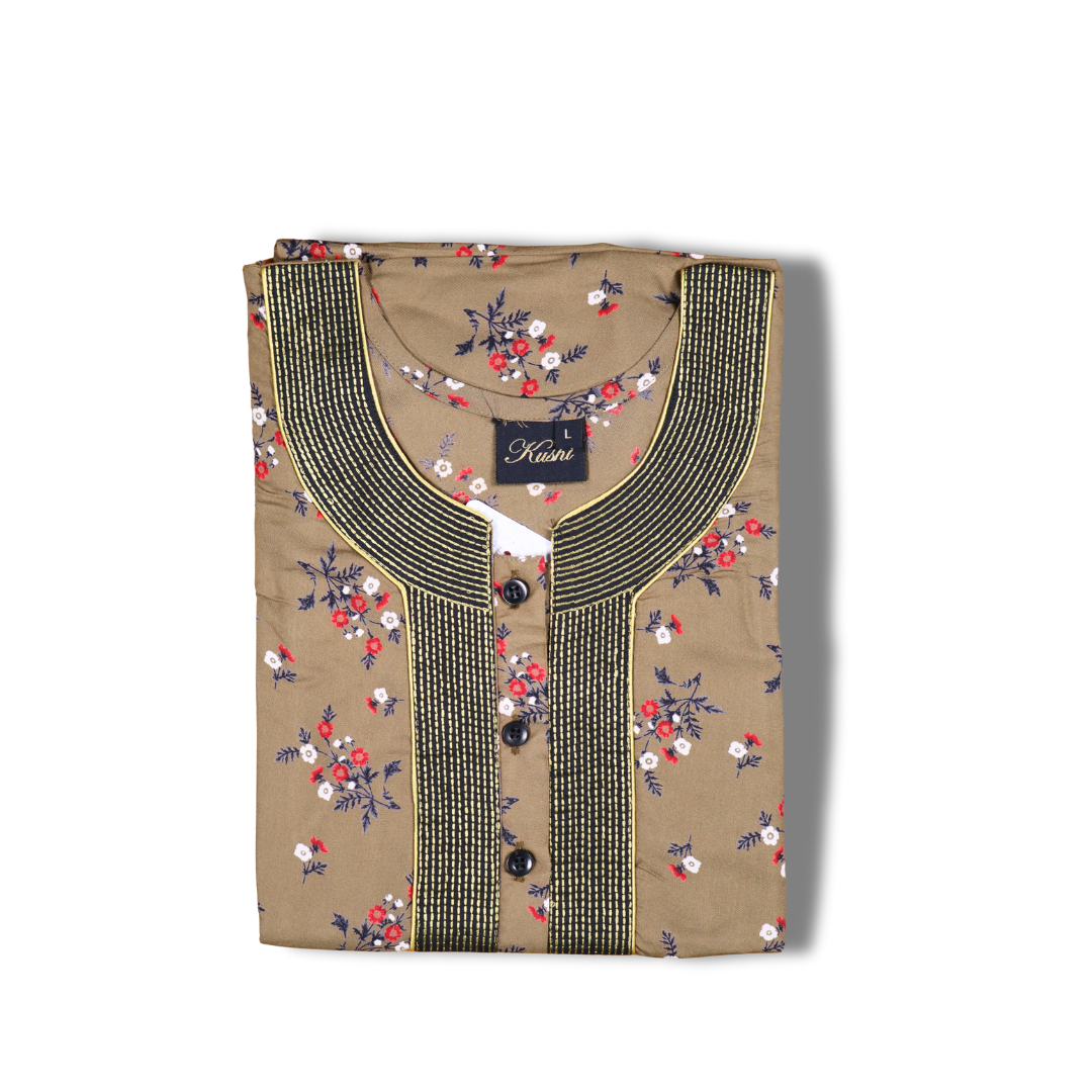 Rayon Nighty – Black Base with Floral Print and Pink Neck Panel