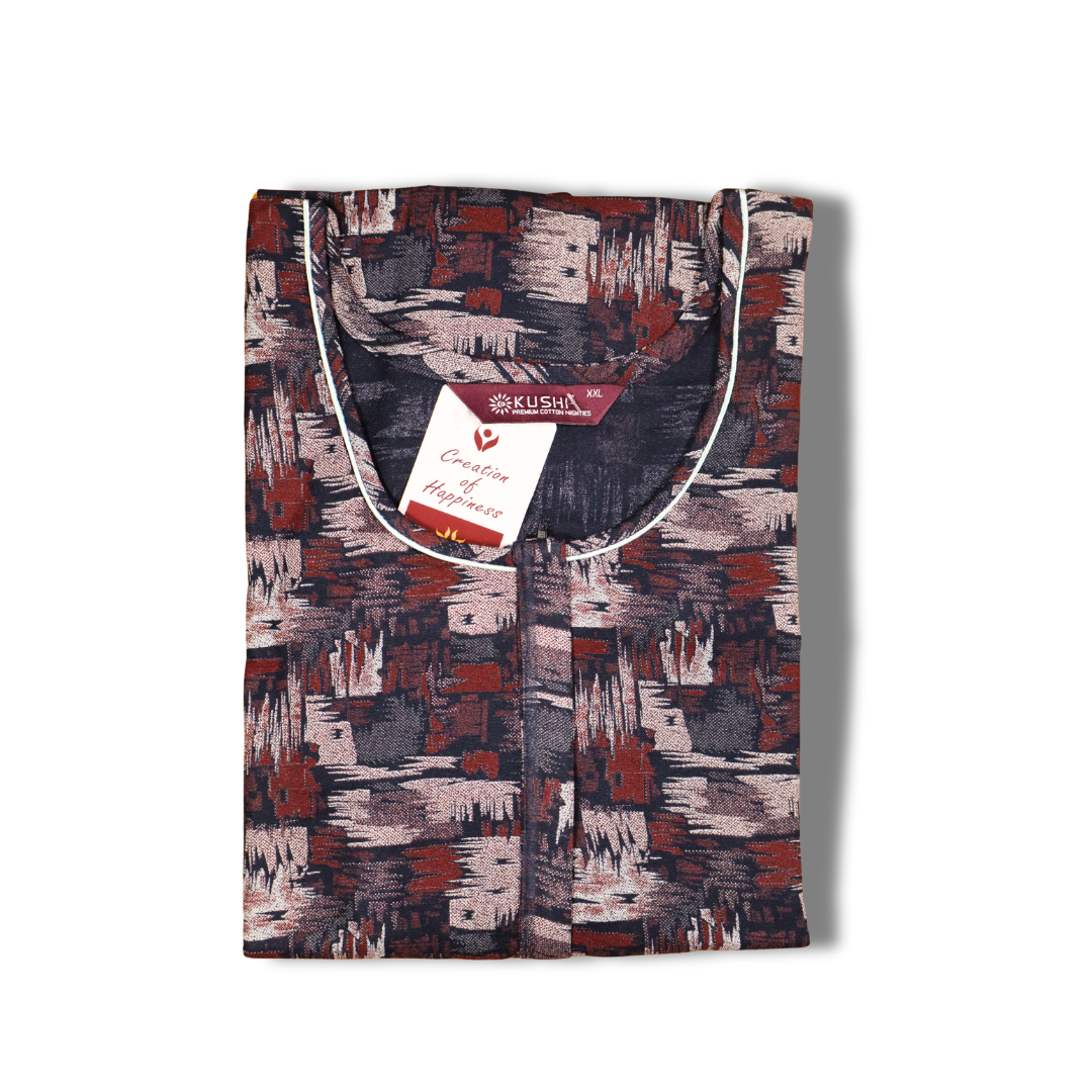 Elegant Teal Blue Printed Cotton Nighty with Front Zip