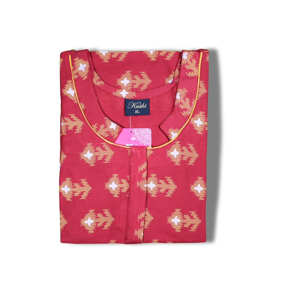 Rayon Heavy Nighty – Dark Brown with Grey Ikat-Inspired Print
