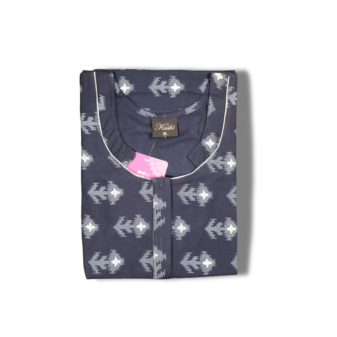 Rayon Nighty – Deep Green with Mustard Ikat-Inspired Print