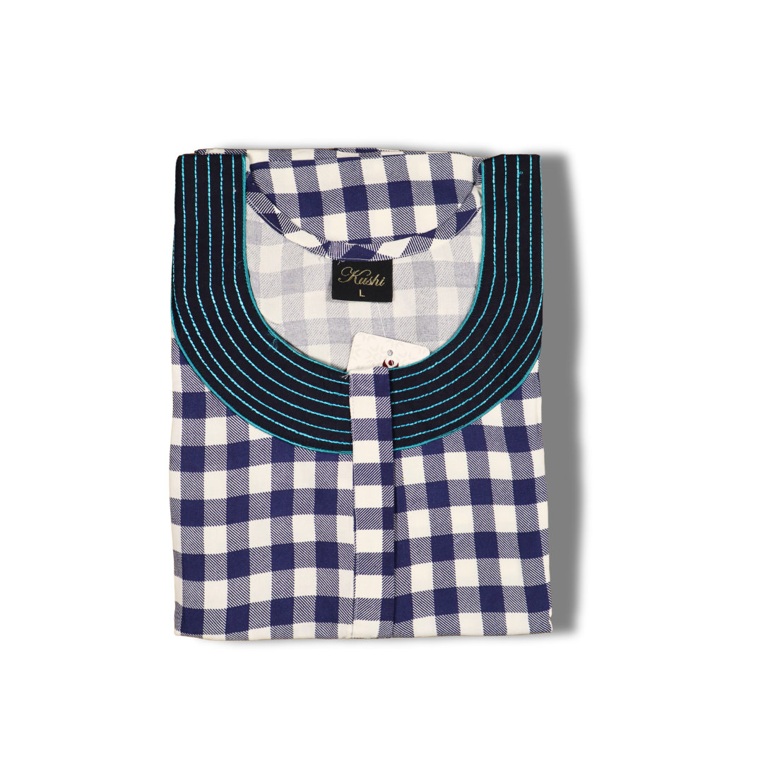 Rayon Heavy Nighty – Red & White Checkered with Navy Neckline