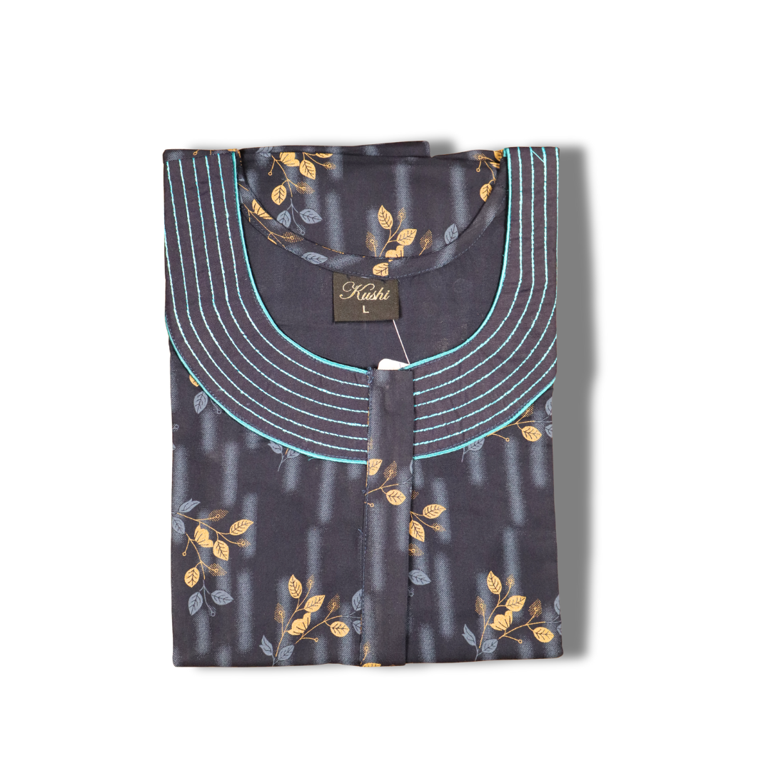 Elegant Navy Blue Floral Printed Cotton Nighty