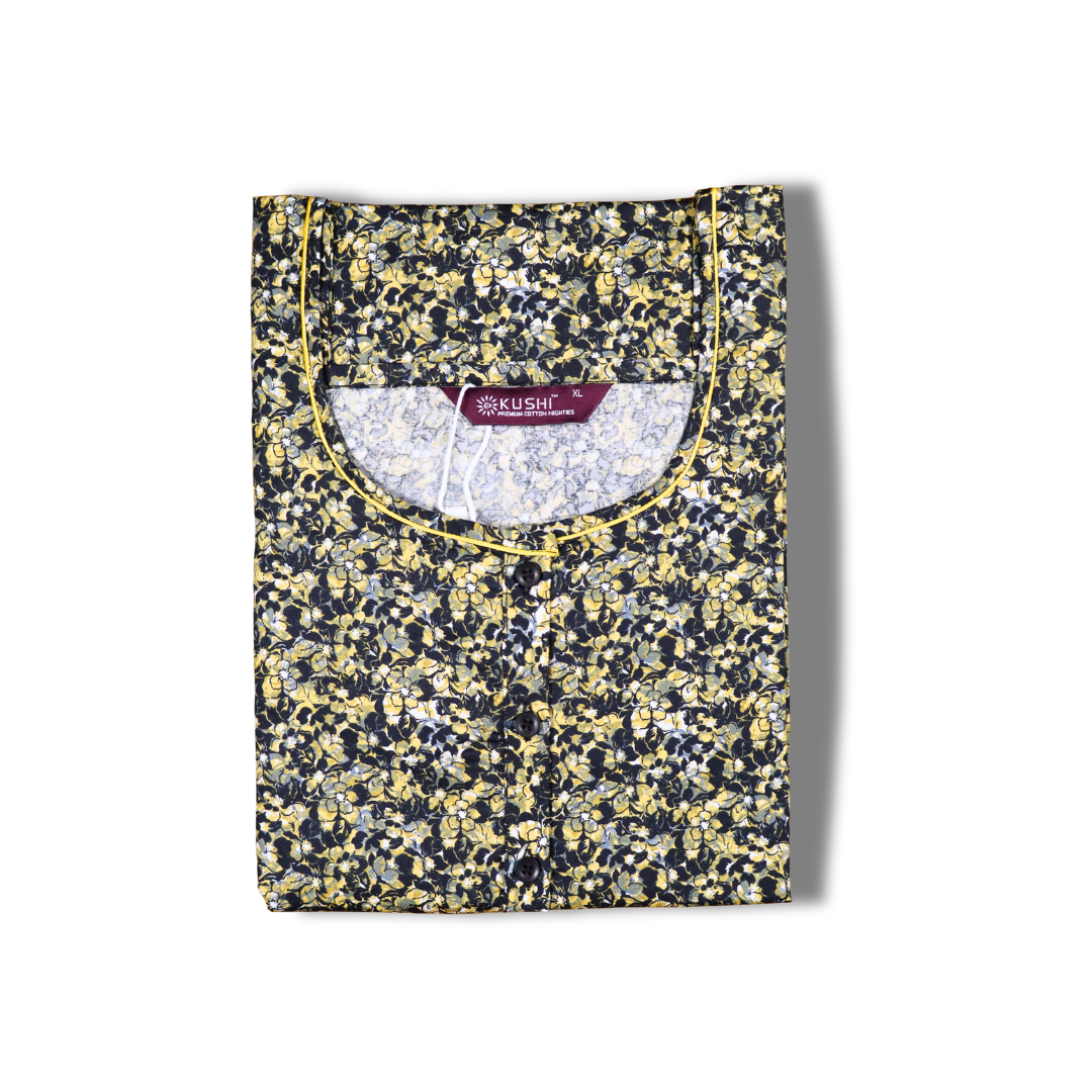 Black Floral Printed Cotton Nighty with Pink Accents
