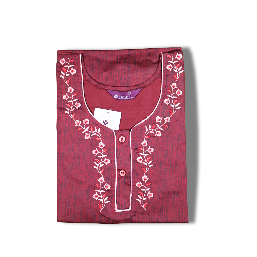 Teal Blue Cotton Nighty with Elegant Floral Neck Embroidery
