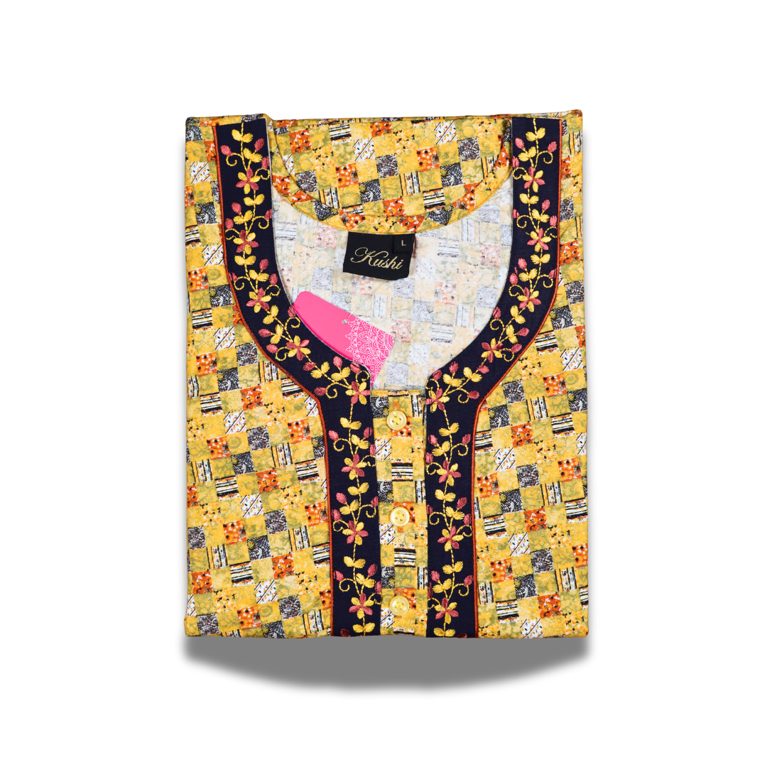 Aqua Blue Printed Cotton Nighty with Black Embroidered Yoke