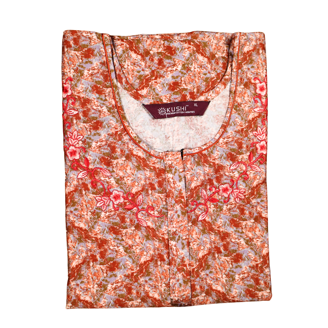 Golden Brown Printed Cotton Nighty with Embroidered Neck