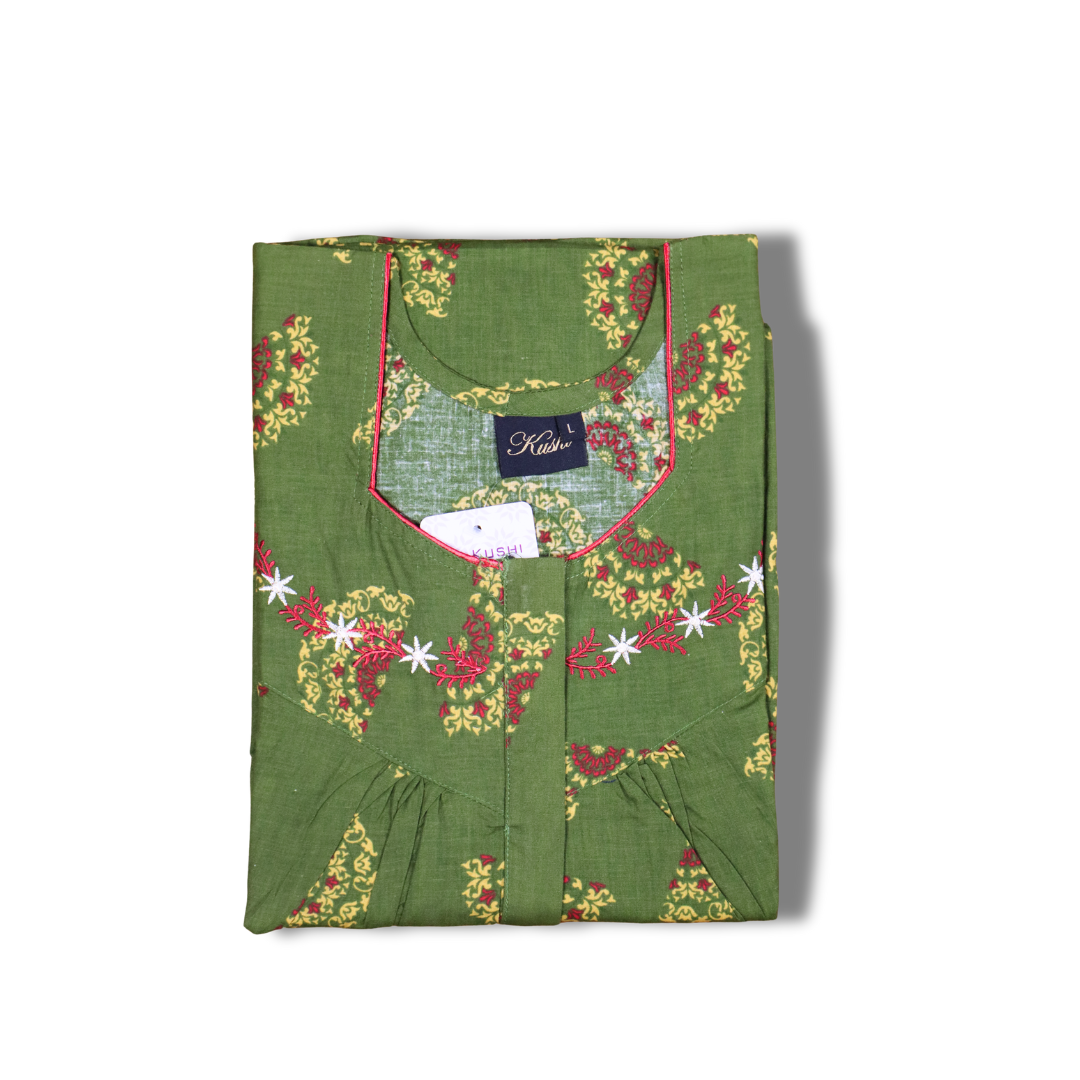 Premium Cotton Nighty – Red Paisley, Notch Neck, Short Sleeve