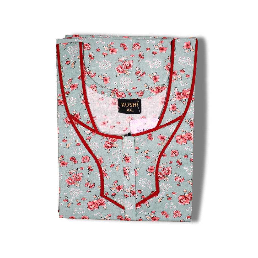 Women’s Cotton Nighty with Green Floral Print & Contrast Neck Design – Peach