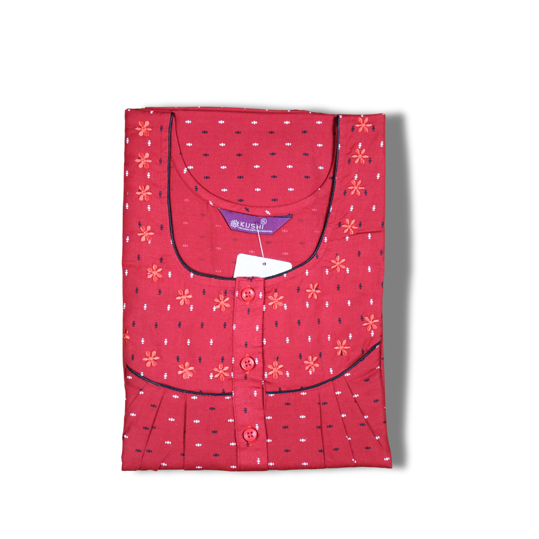 Women’s Navy Polka Nighty with Embroidered Yoke & Short Sleeves