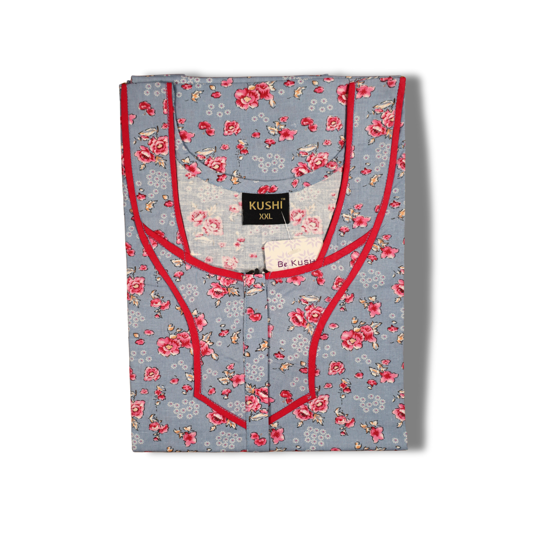 Women’s Cotton Nighty with Green Floral Print & Contrast Neck Design – Peach