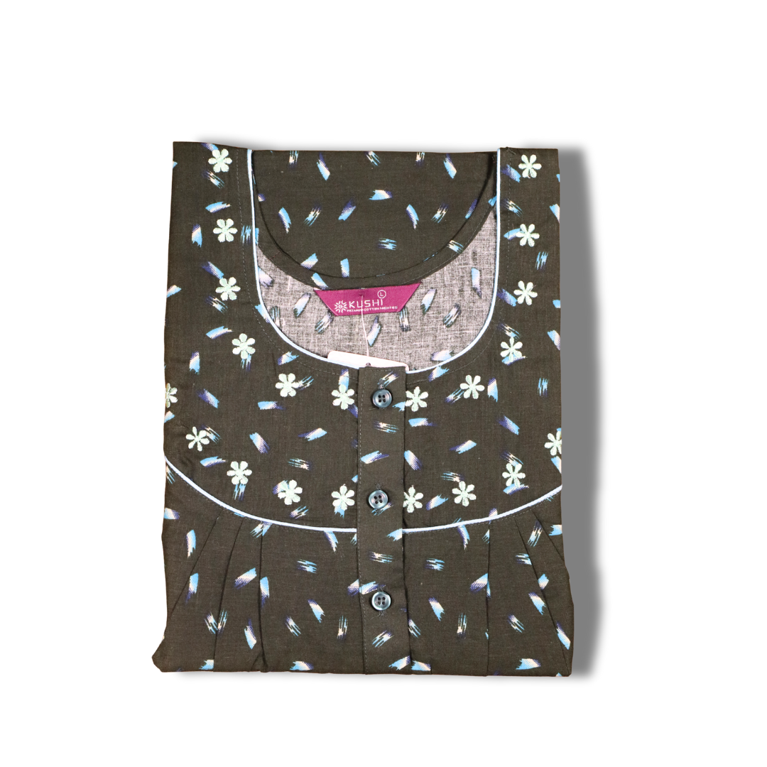 Teal Printed Cotton Nighty with Embroidered Neckline