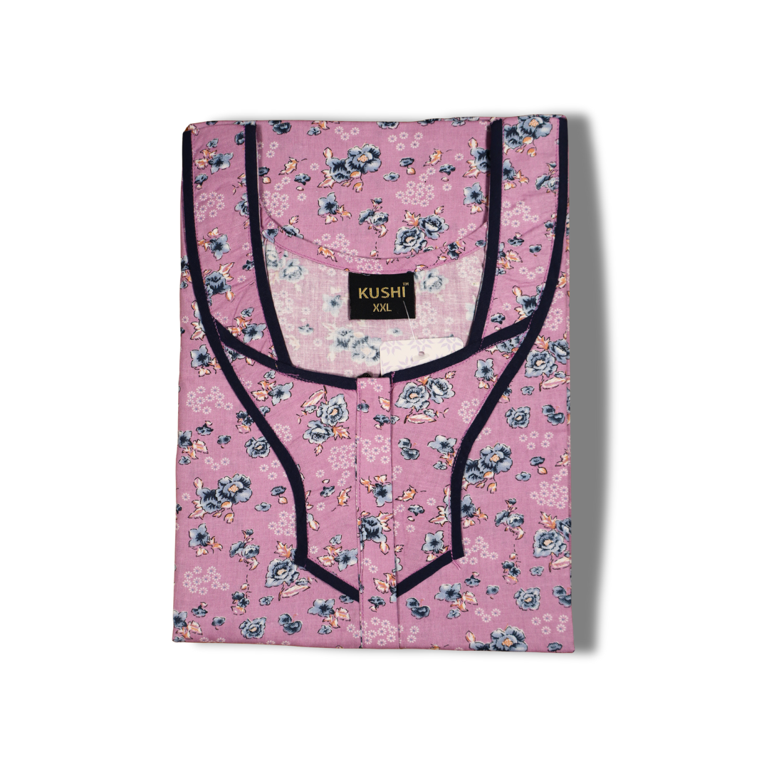 Women’s Cotton Nighty with Green Floral Print & Contrast Neck Design – Peach